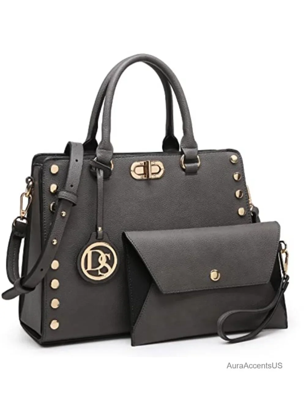 Vegan Leather Satchel Handbag Work Tote with Matching Clutch 2pc Set